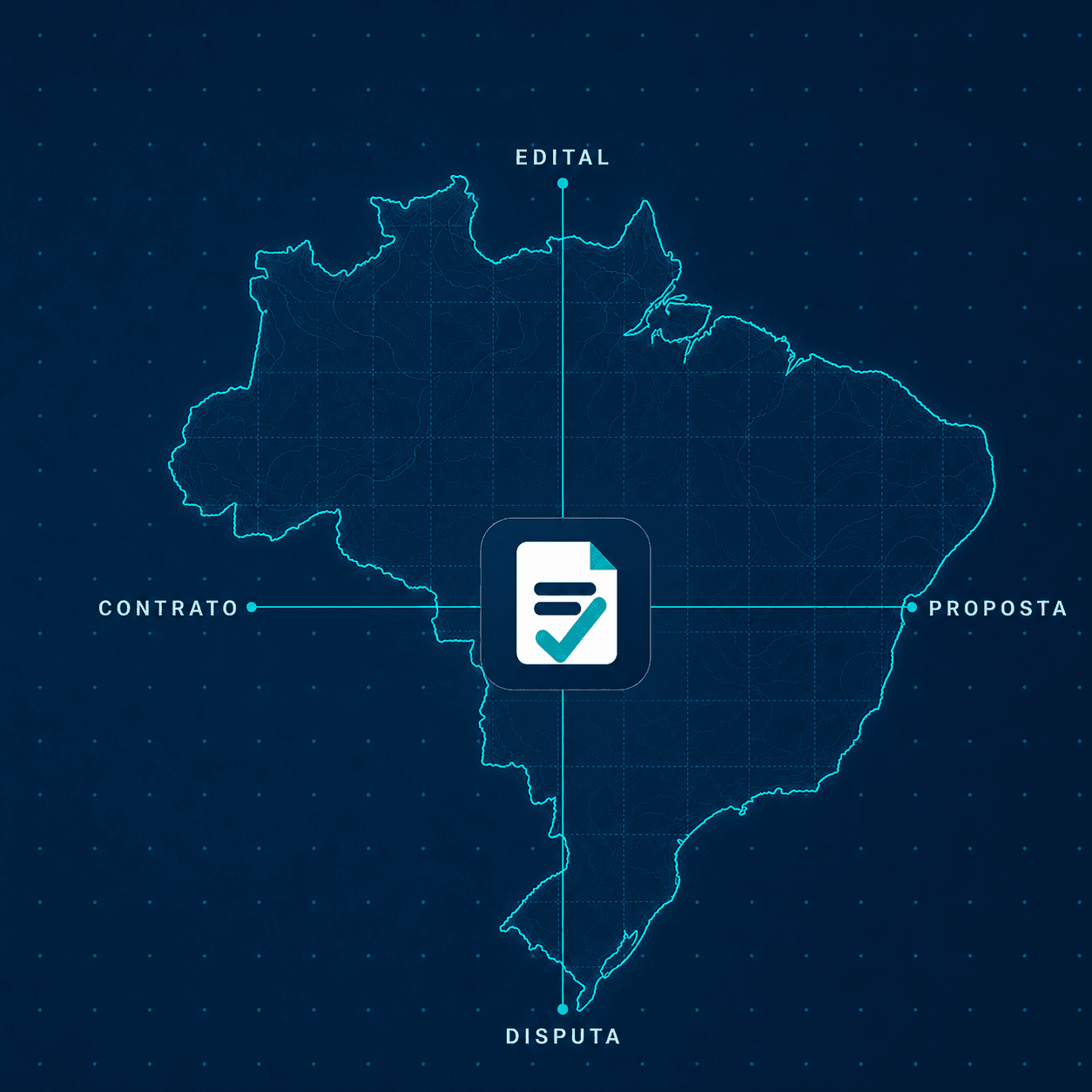 Mapa do Brasil representando as etapas edital, proposta, disputa e contrato